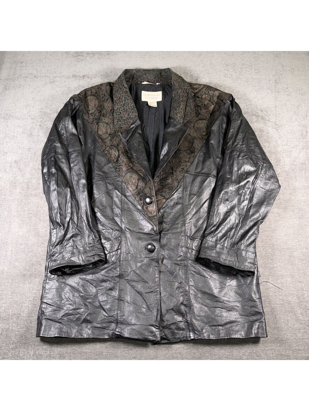 Vintage Brandon Thomas Black Leather Jacket with Patterned Collar XL